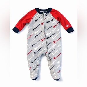Champion Gray Logo Footed One-Piece with Red Sleeves and Navy Trim